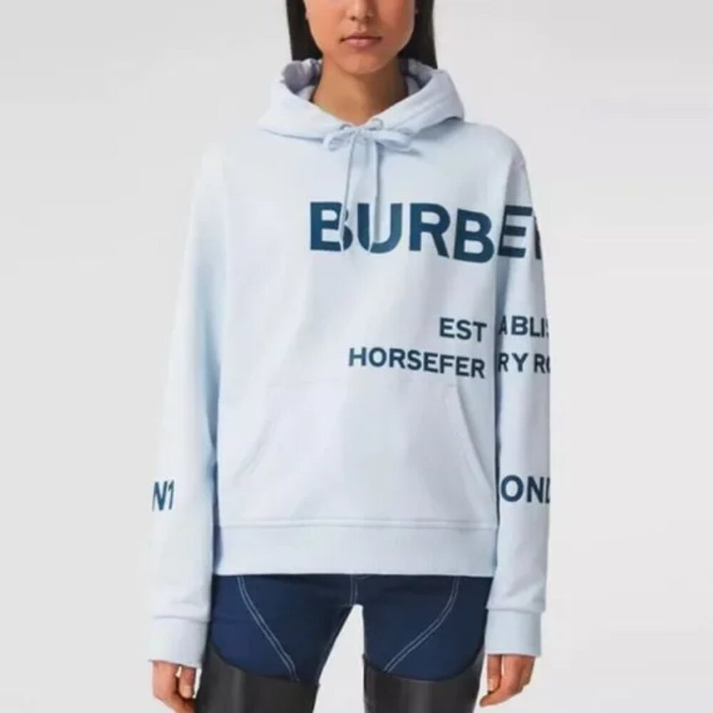Burberry Hoodie Poulter Horseferry Print Cotton Hoodie in Pale Blue size Small